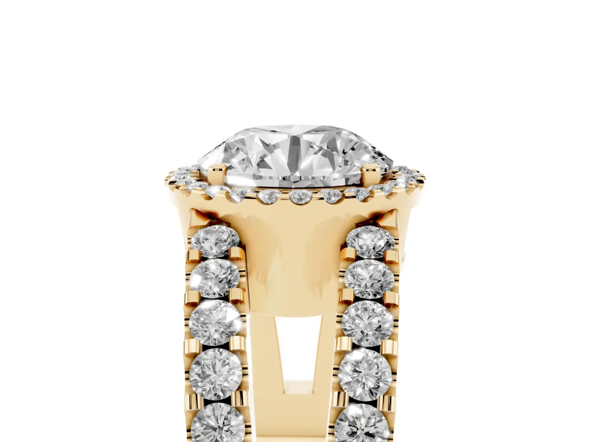 Round Cut Cut Halo Split Shank Diamond Ring with Four-Prong Setting Yellow gold