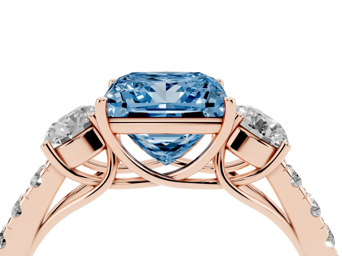 Fancy Blue Princess Cut Cut Diamond Three-Stone Ring with Round Side Stones and Pavé Band Rose gold