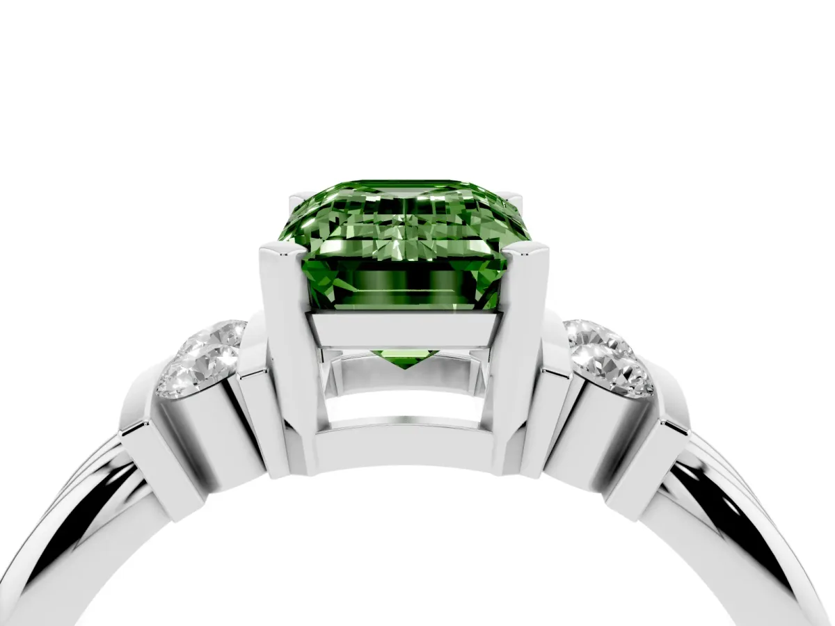 Fancy Green Emerald Cut Cut Three-Stone Channel Set Ring with Bar Prongs Silver