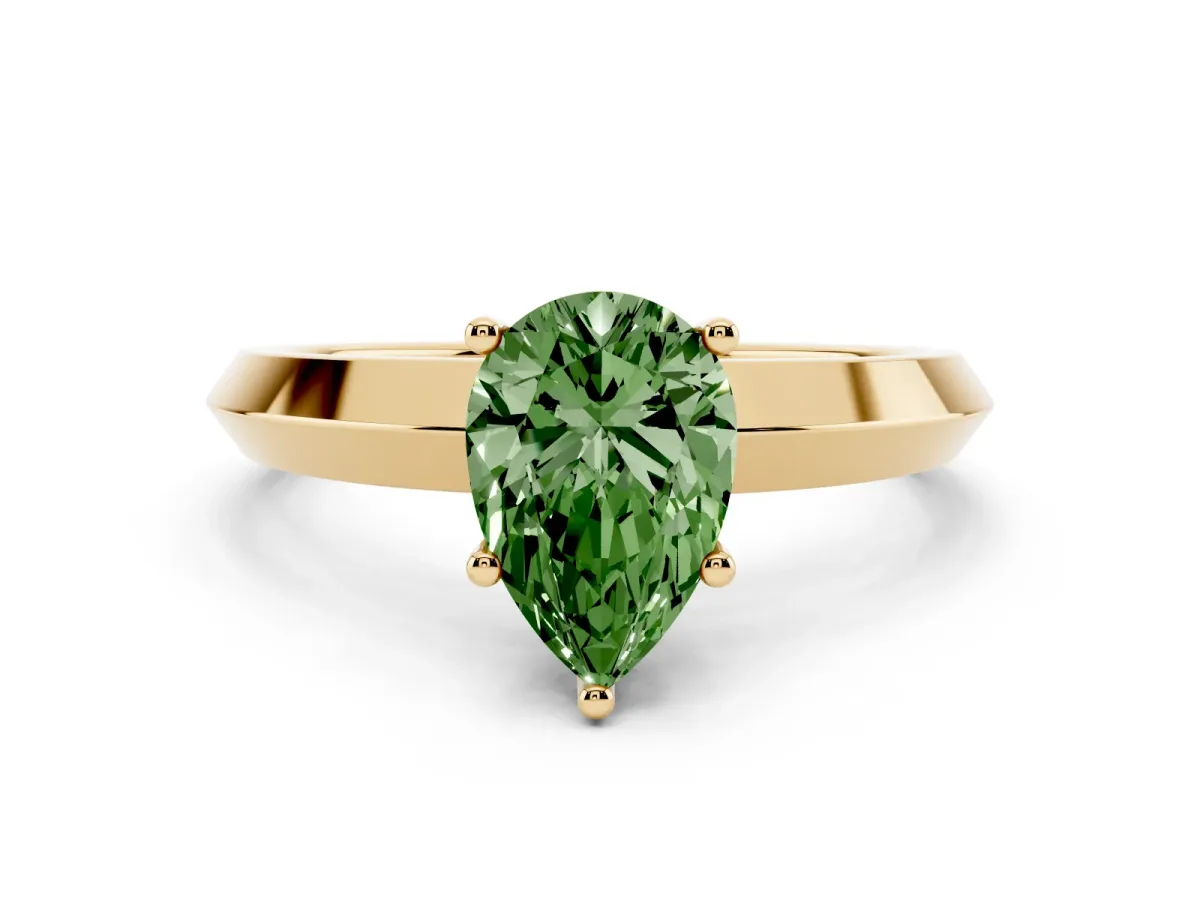 Fancy Green Pear Cut Cut Solitaire Engagement Ring with Flat Band and Four-Prong Setting Yellow gold
