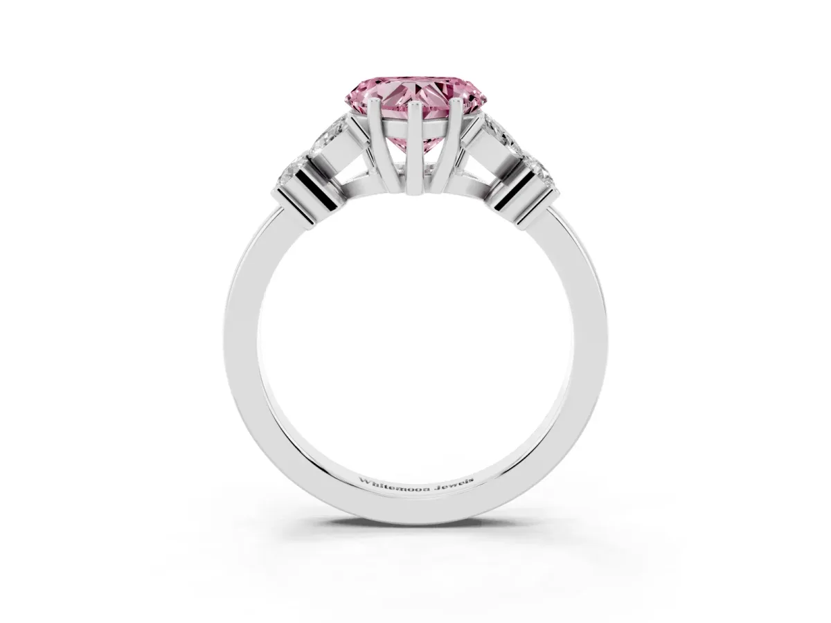 Fancy Pink Heart Cut Diamond Floral Cluster Ring with Solitaire Band and Prong Setting Platinum