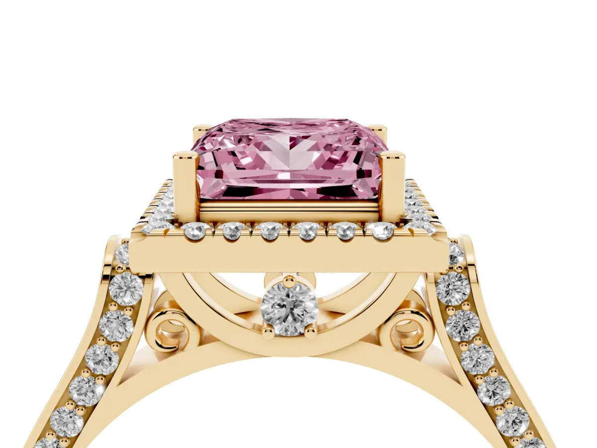 Fancy Pink Princess Cut Halo Round Diamond Twist Band with Four-Prong Setting Yellow gold