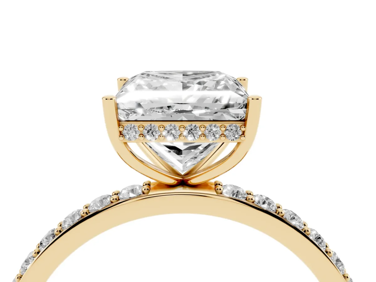 Princess Cut Diamond Solitaire Ring with Pavé Band and Hidden Halo Yellow gold