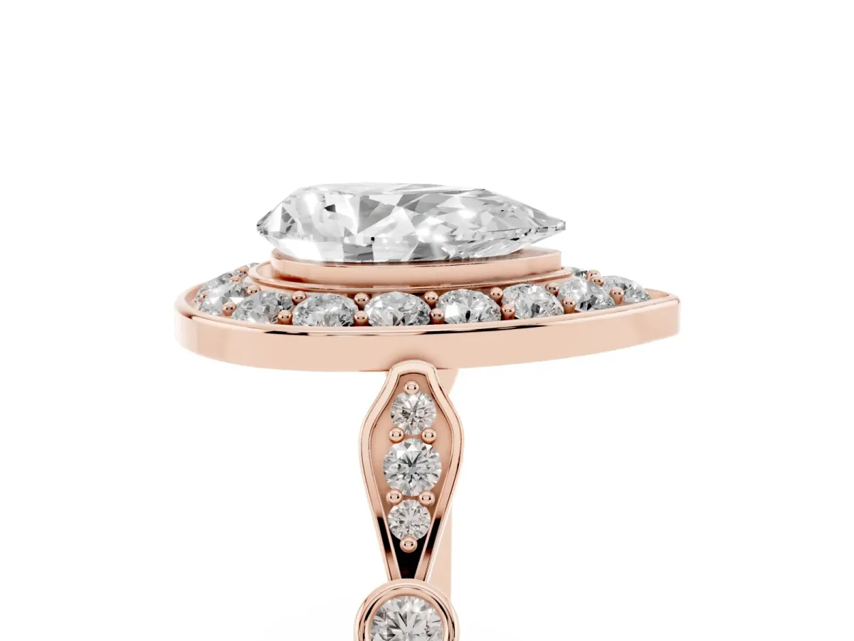 Pear Cut Halo Diamond Engagement Ring with Twisted Band and Four-Prong Setting Rose gold