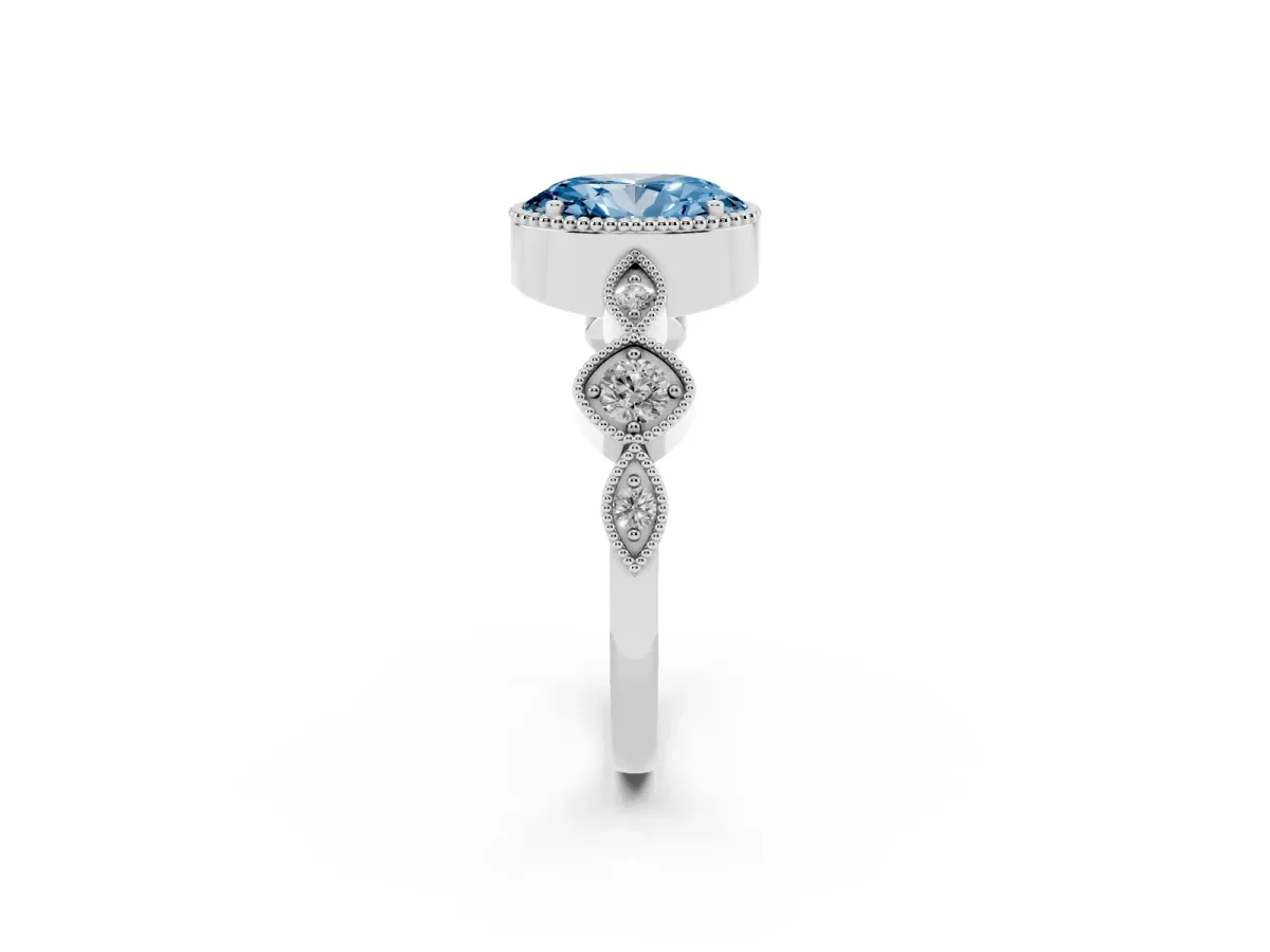 Fancy Blue Oval Cut Diamond Vintage Milgrain Ring with Round Stations Platinum