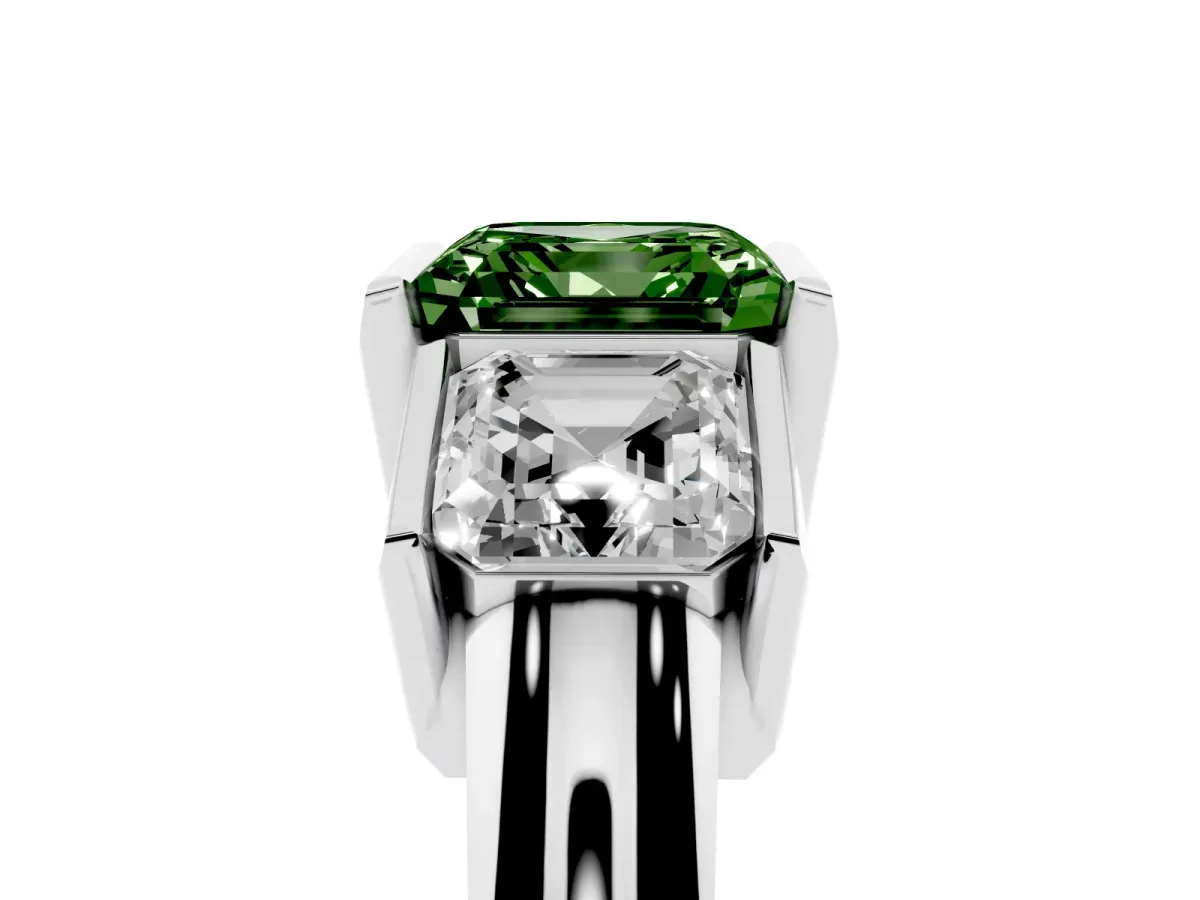 Fancy Green Three Stone Asscher Cut Cut Channel Set Diamond Ring Silver