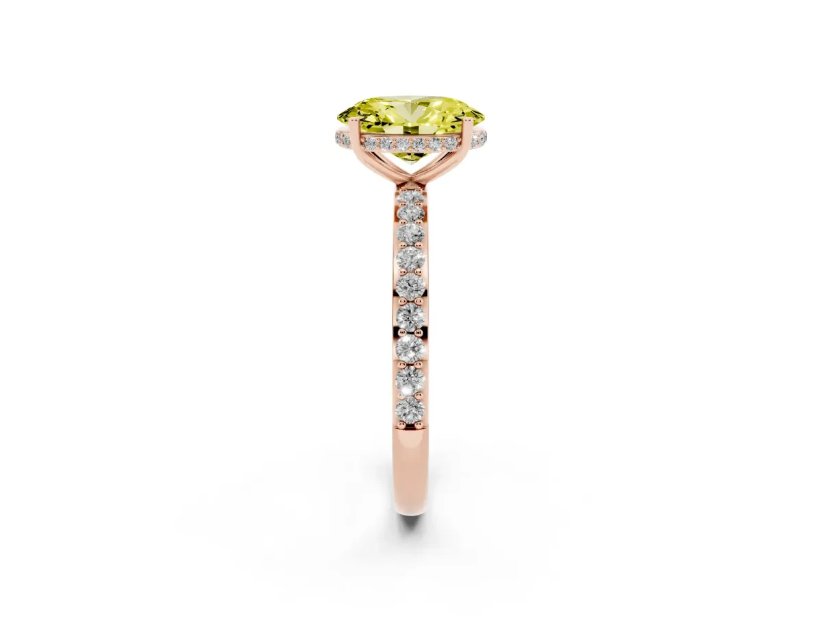 Fancy Yellow Oval Cut Diamond Solitaire Ring with Pavé Band and Hidden Halo Rose gold