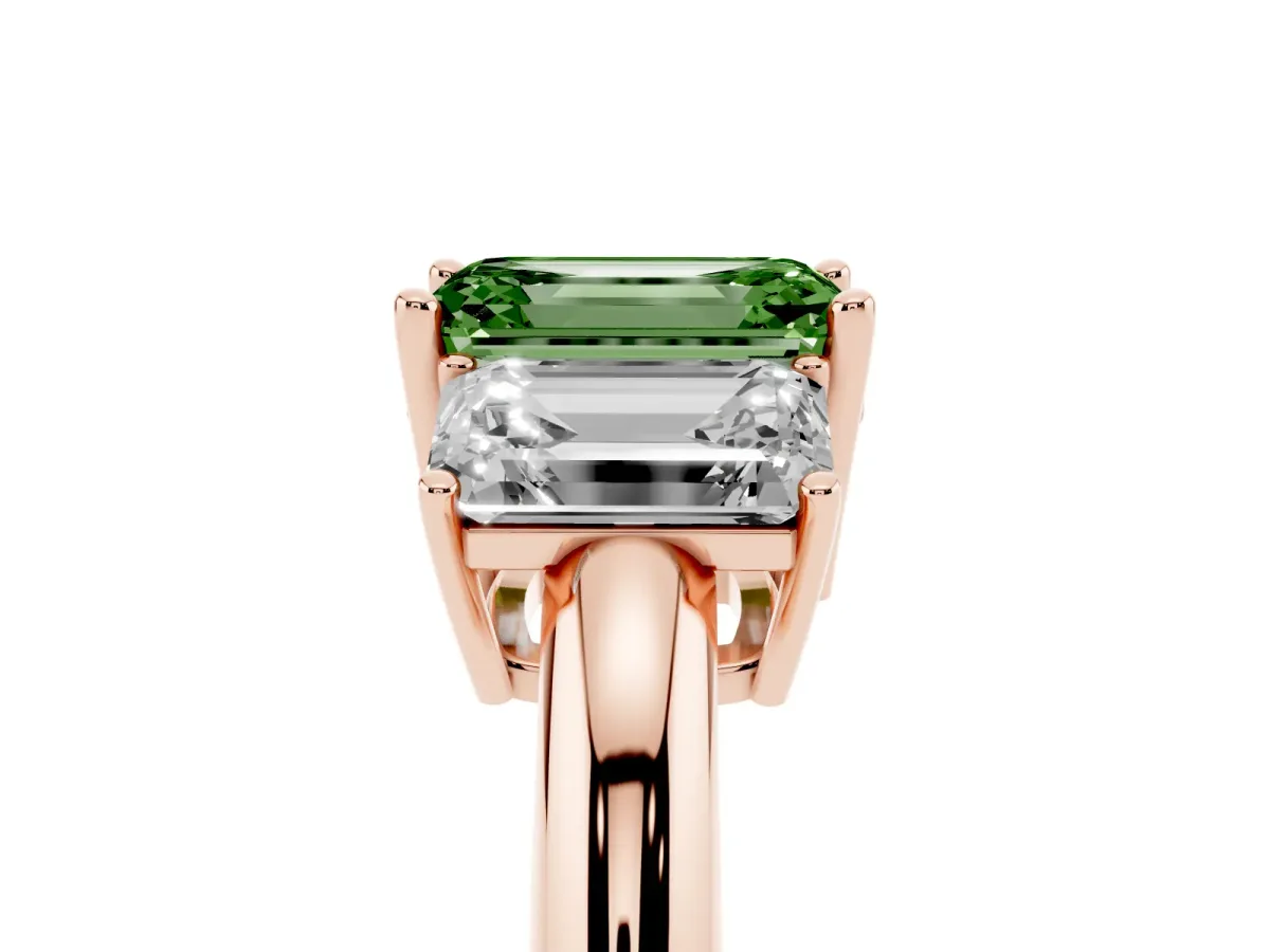 Fancy Green Three-Stone Emerald Cut Cut Diamond Engagement Ring with Prong Setting on a White Gold Band Rose gold