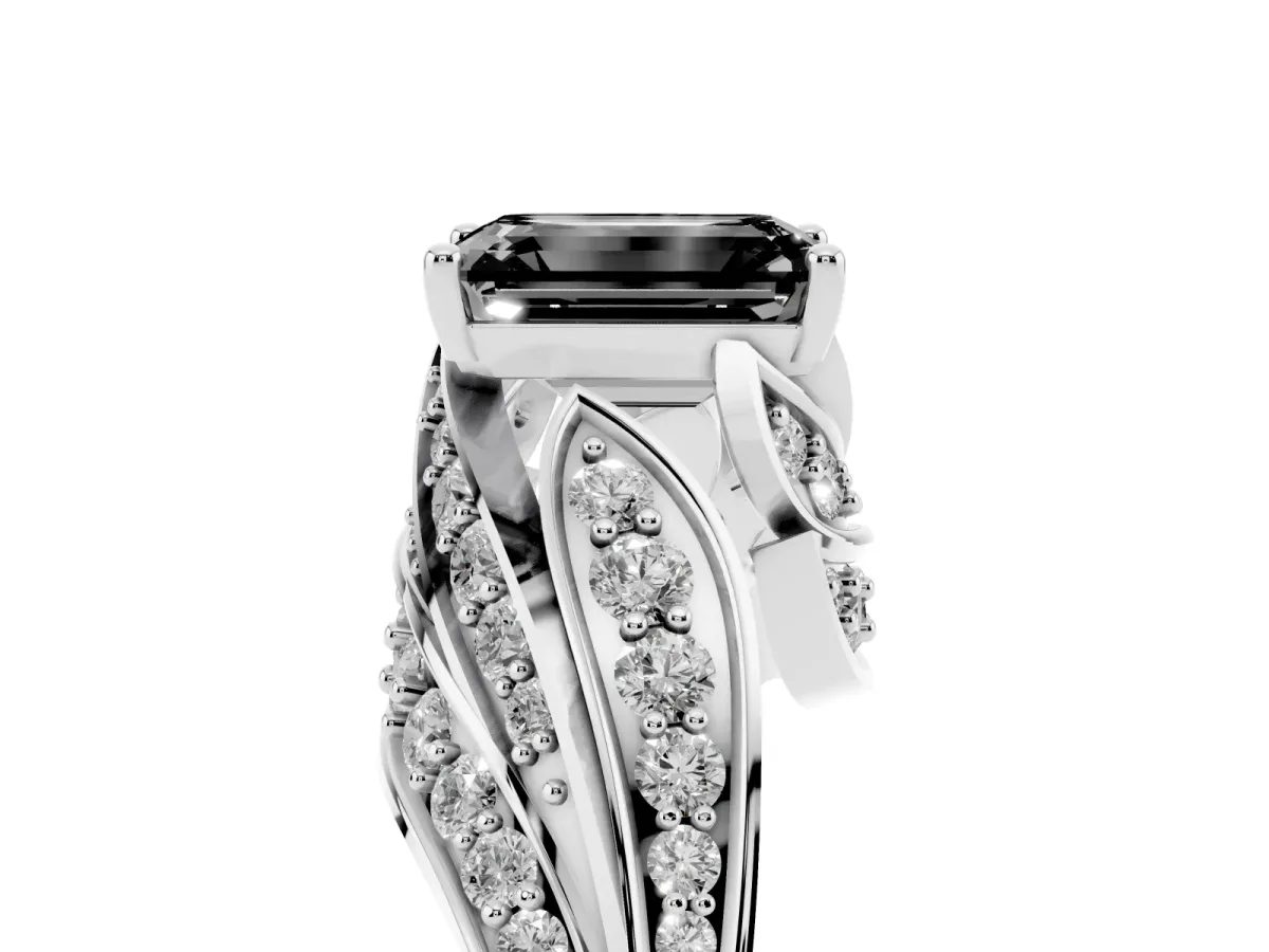 Fancy Black Emerald Cut Diamond Solitaire Ring with Prong Setting and Twisted Pavé Band Silver