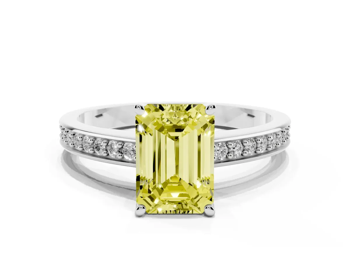 Fancy Yellow Emerald Cut Solitaire Pavé Band Prong Setting Ring Platinum