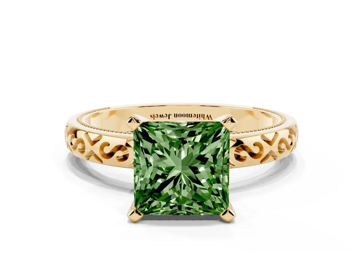 Fancy Green Princess Cut Solitaire Engagement Ring with Scrollwork Band and Four-Prong Setting Yellow gold