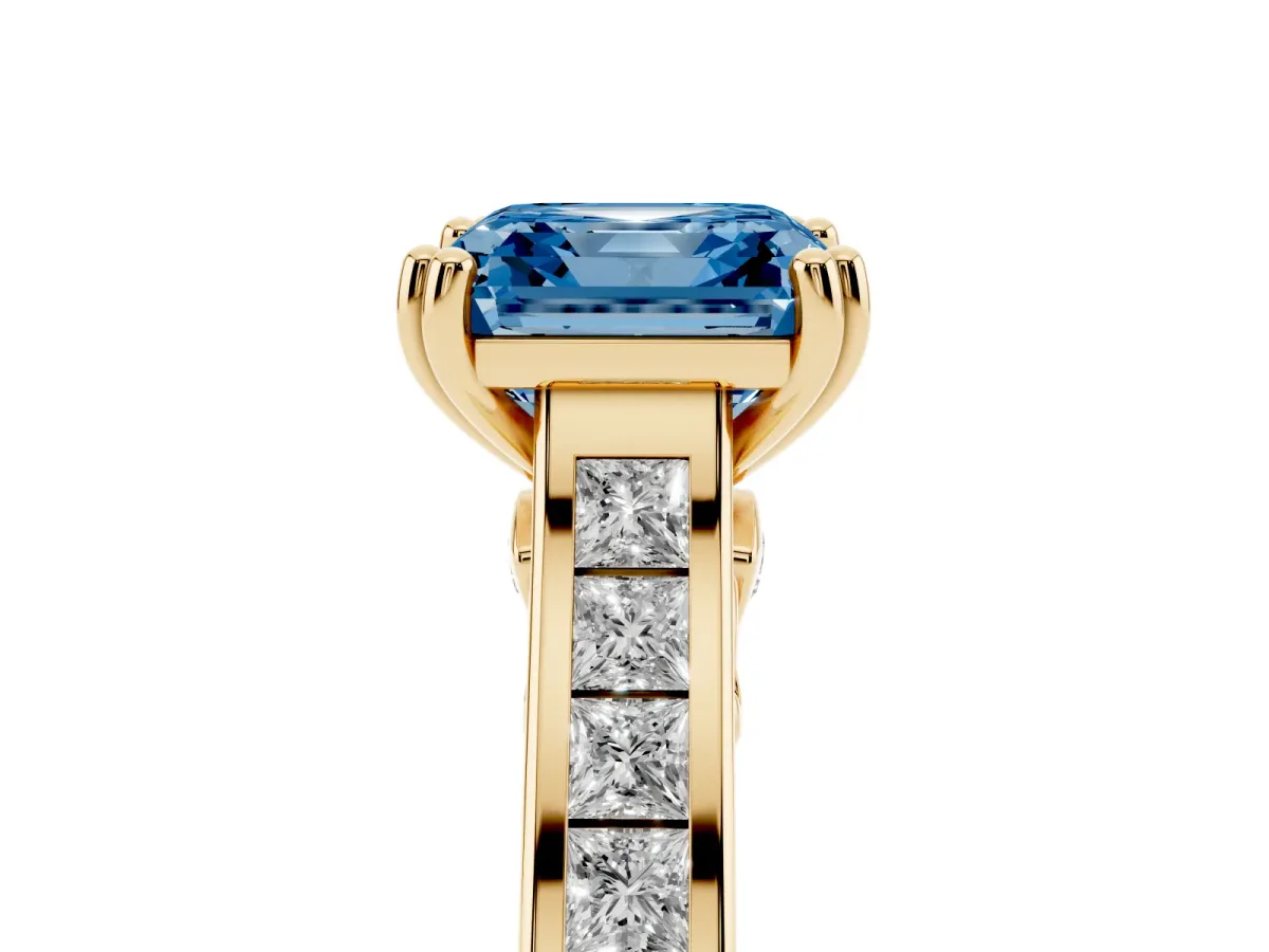 Fancy Blue Asscher Cut Cut Channel Set Solitaire Engagement Ring with Prong Setting Yellow gold