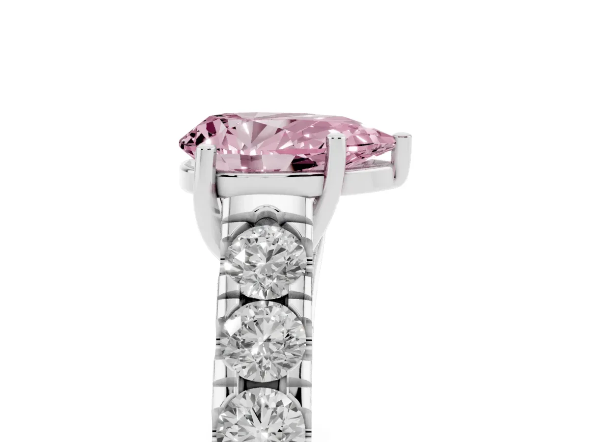 Fancy Pink Pear Cut Cut Diamond Solitaire Ring with Micro Pave Band and Prong Setting Platinum