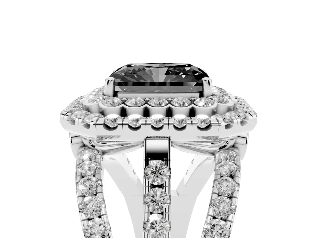 Fancy Black Radiant Cut Diamond Double Halo Ring with Round Pavé Split Shank and Prong Setting Silver