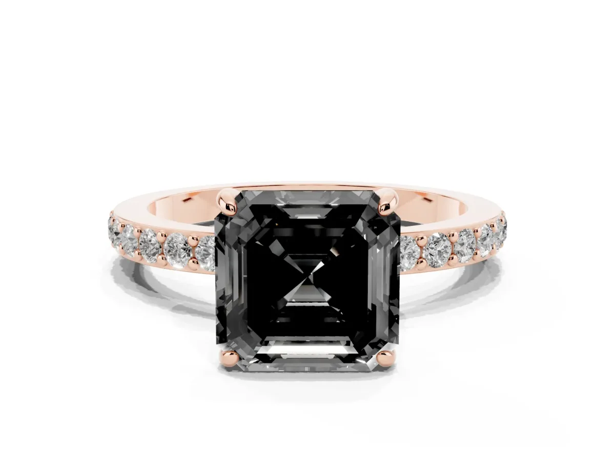 Fancy Black Asscher Cut Diamond Pavé Engagement Ring with Round Accents and Prong Setting Rose gold