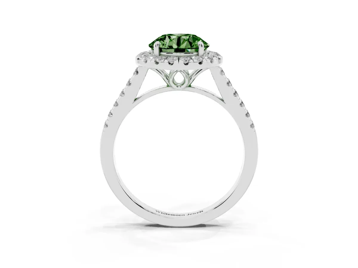 Fancy Green Round Cut Halo Pavé Diamond Engagement Ring with Four-Prong Setting Silver
