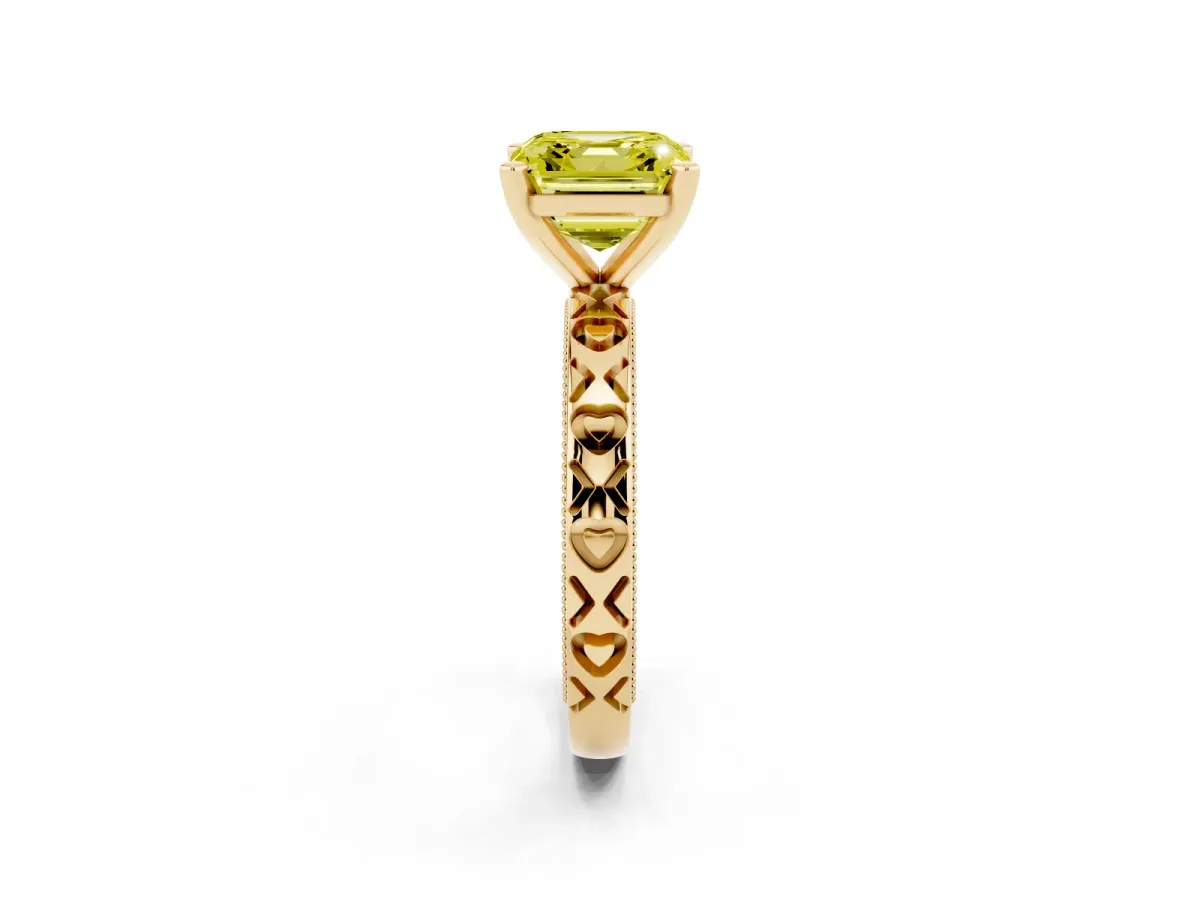 Fancy Yellow Asscher Cut Solitaire Diamond Engagement Ring with XO Engraved Band and Four-Prong Setting Yellow gold