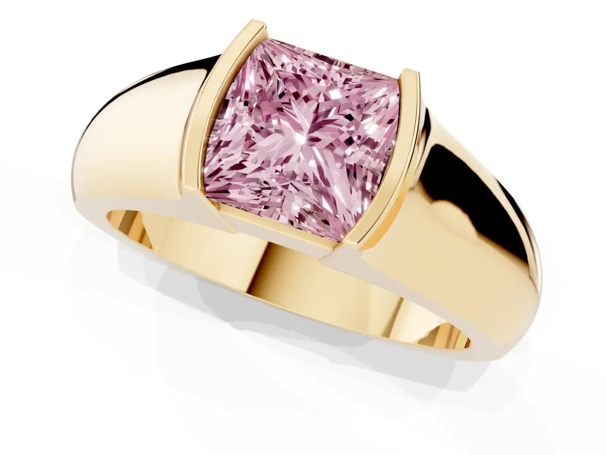 Fancy Pink Princess Cut Solitaire Bezel Set Diamond Ring with Wide Band Yellow gold