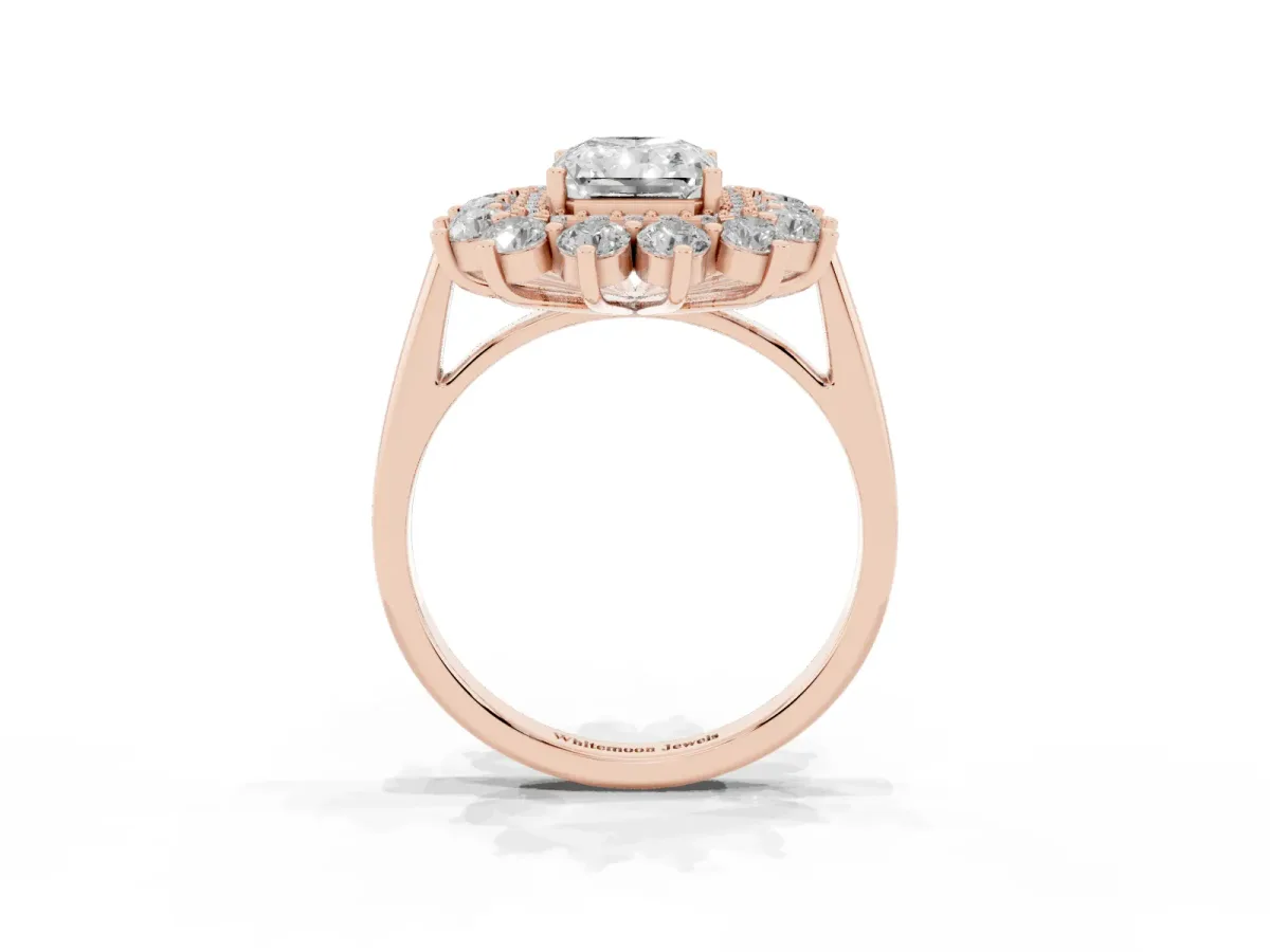 Radiant Cut Diamond Floral Double Halo Engagement Ring with Prong Setting Rose gold