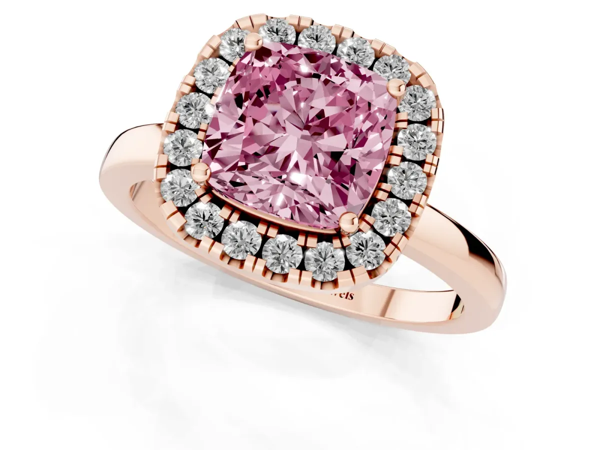 Fancy Pink Cushion Cut Halo Diamond Solitaire with Pavé Band and Four-Prong Setting Rose gold