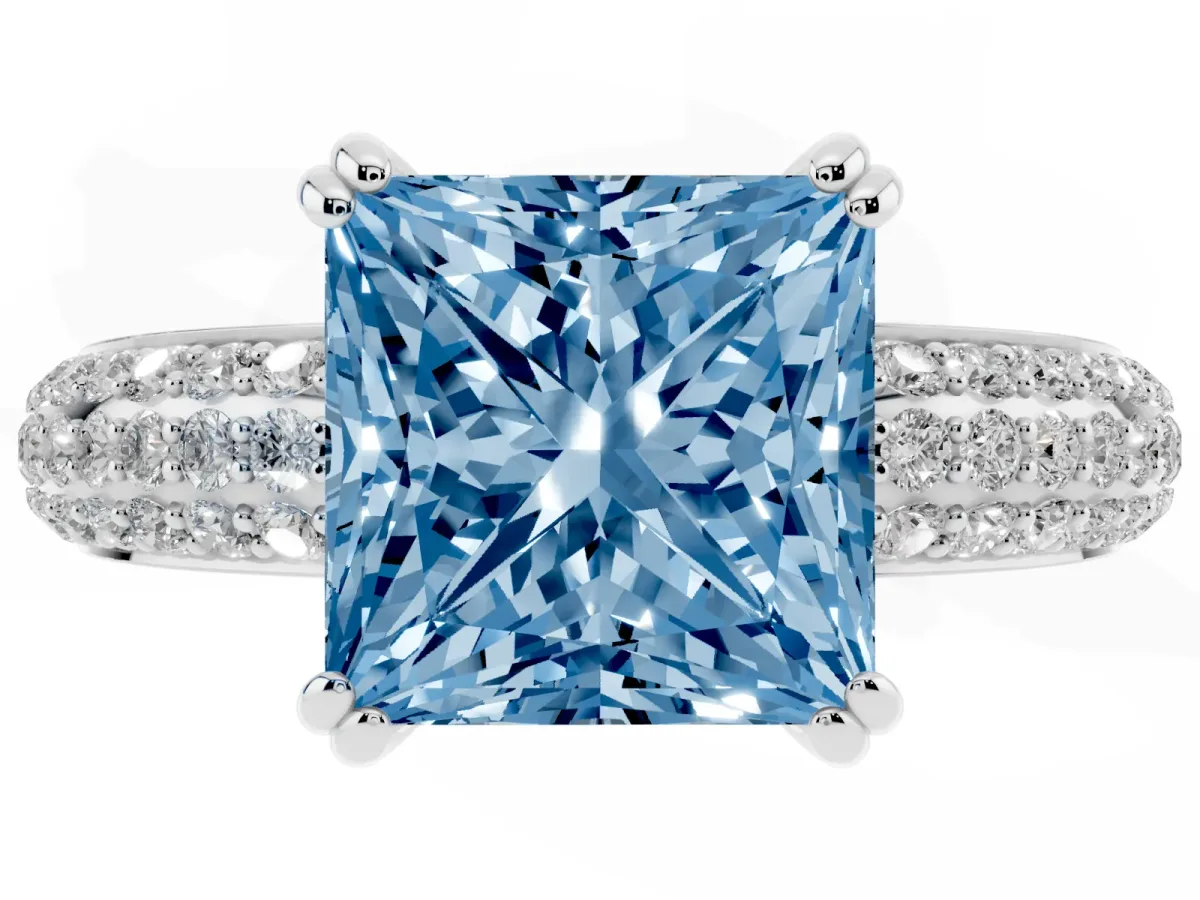 Fancy Blue Princess Cut Diamond Solitaire Ring with Multi-Row Round Pavé Band and Prong Setting Silver
