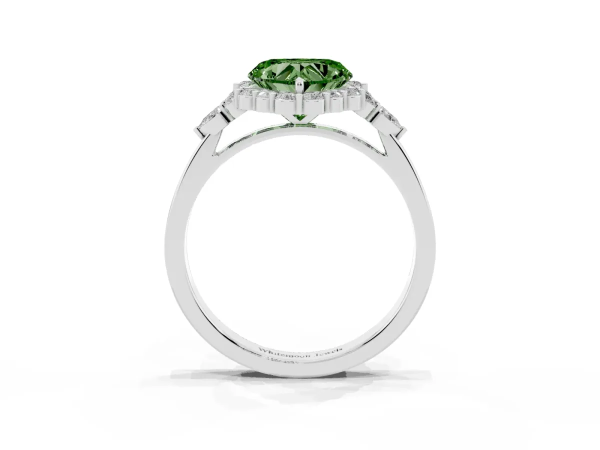 Fancy Green Heart Cut Diamond Halo Ring with Pear Side Stones and Prong Setting Silver