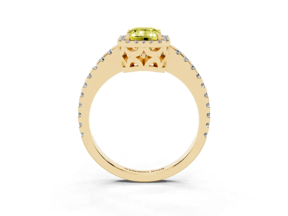 Fancy Yellow Emerald Cut Diamond Halo Engagement Ring with Pavé Band and Prong Setting Yellow gold