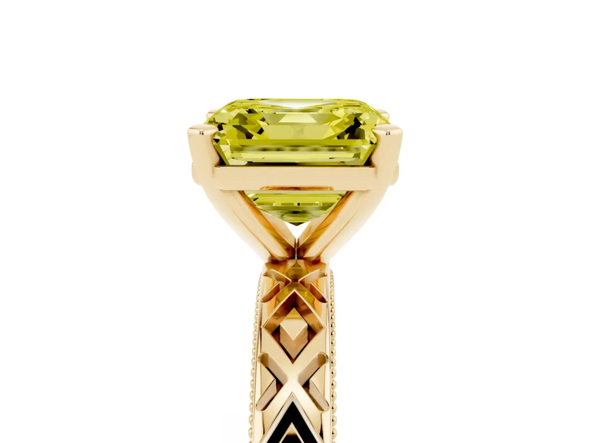 Fancy Yellow Asscher Cut Solitaire Diamond Ring with Milgrain and Black Enamel X Pattern Band Yellow gold