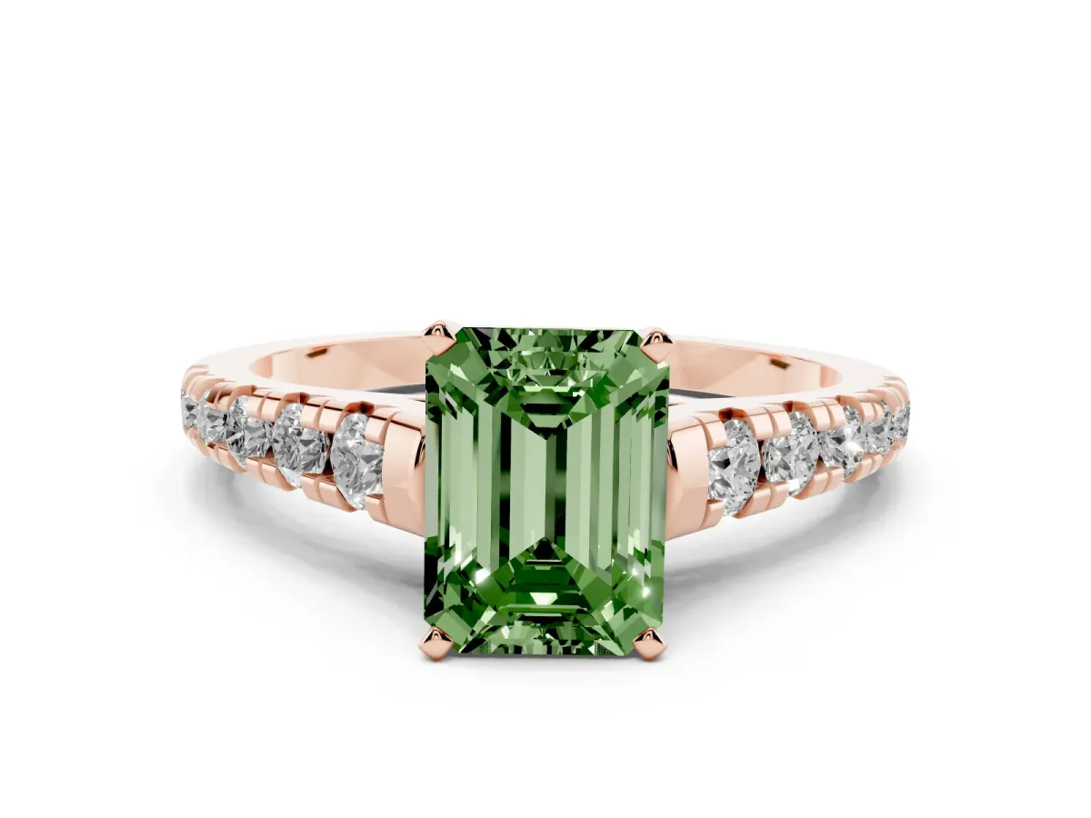 Fancy Green Emerald Cut Diamond Cathedral Solitaire Ring with Round Pavé Band Rose gold