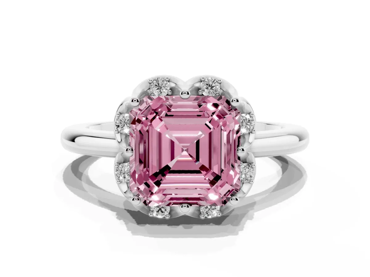 Fancy Pink Asscher Cut Halo Diamond Ring with Round Cluster Setting, Solitaire Band, and Four-Prong Setting Silver