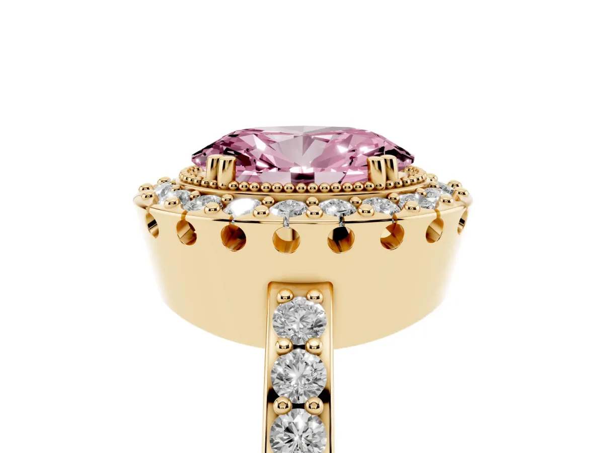 Fancy Pink Oval Cut Diamond Halo Ring with Pavé Band and Prong Setting Yellow gold
