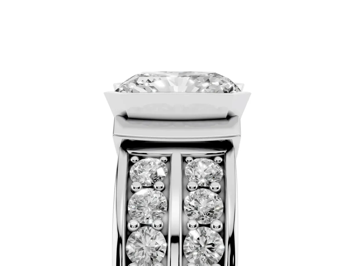 Radiant Cut Brilliant Diamond Channel Set Wide Band Ring with Bezel Setting Silver