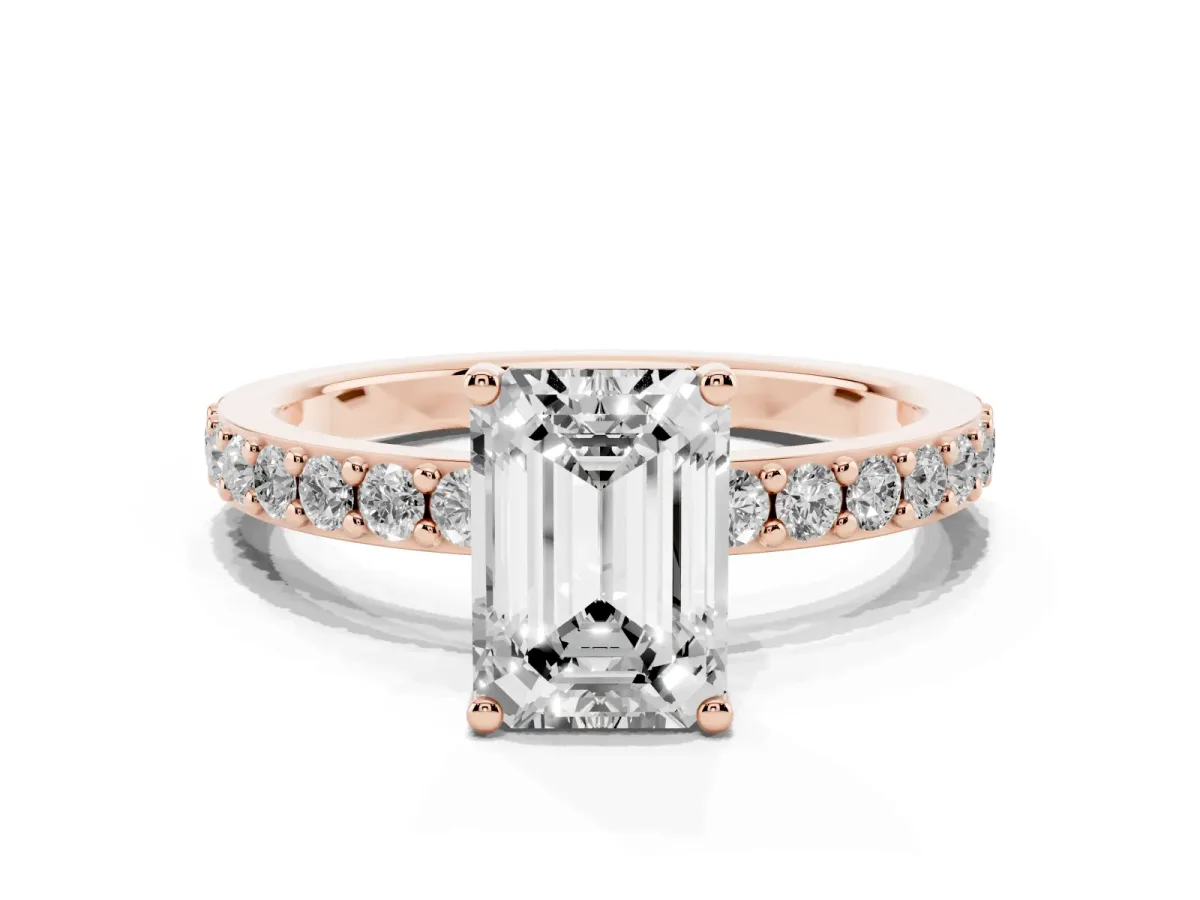 Emerald Cut Cut Diamond Solitaire with Pave Band and Four-Prong Setting Rose gold