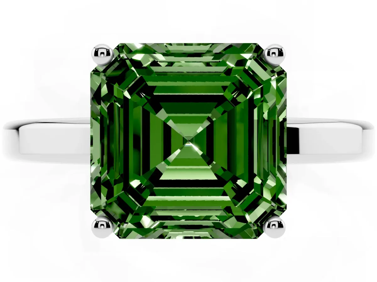 Fancy Green Asscher Cut Cut Solitaire Engagement Ring with Four-Prong Setting on a Classic Band Platinum