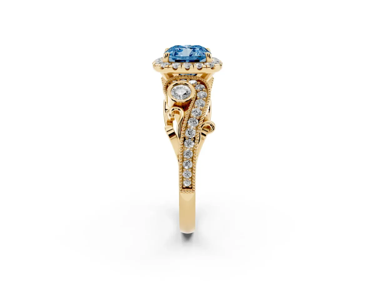 Fancy Blue Cushion Cut Diamond Halo Ring with Milgrain Pavé Band and Four-Prong Setting Yellow gold