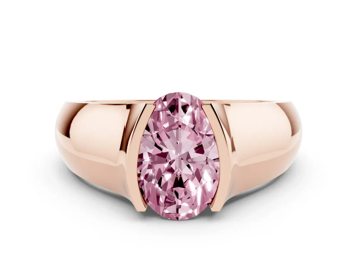Fancy Pink Oval Cut Solitaire Bezel Set Diamond Ring with Wide Band Rose gold