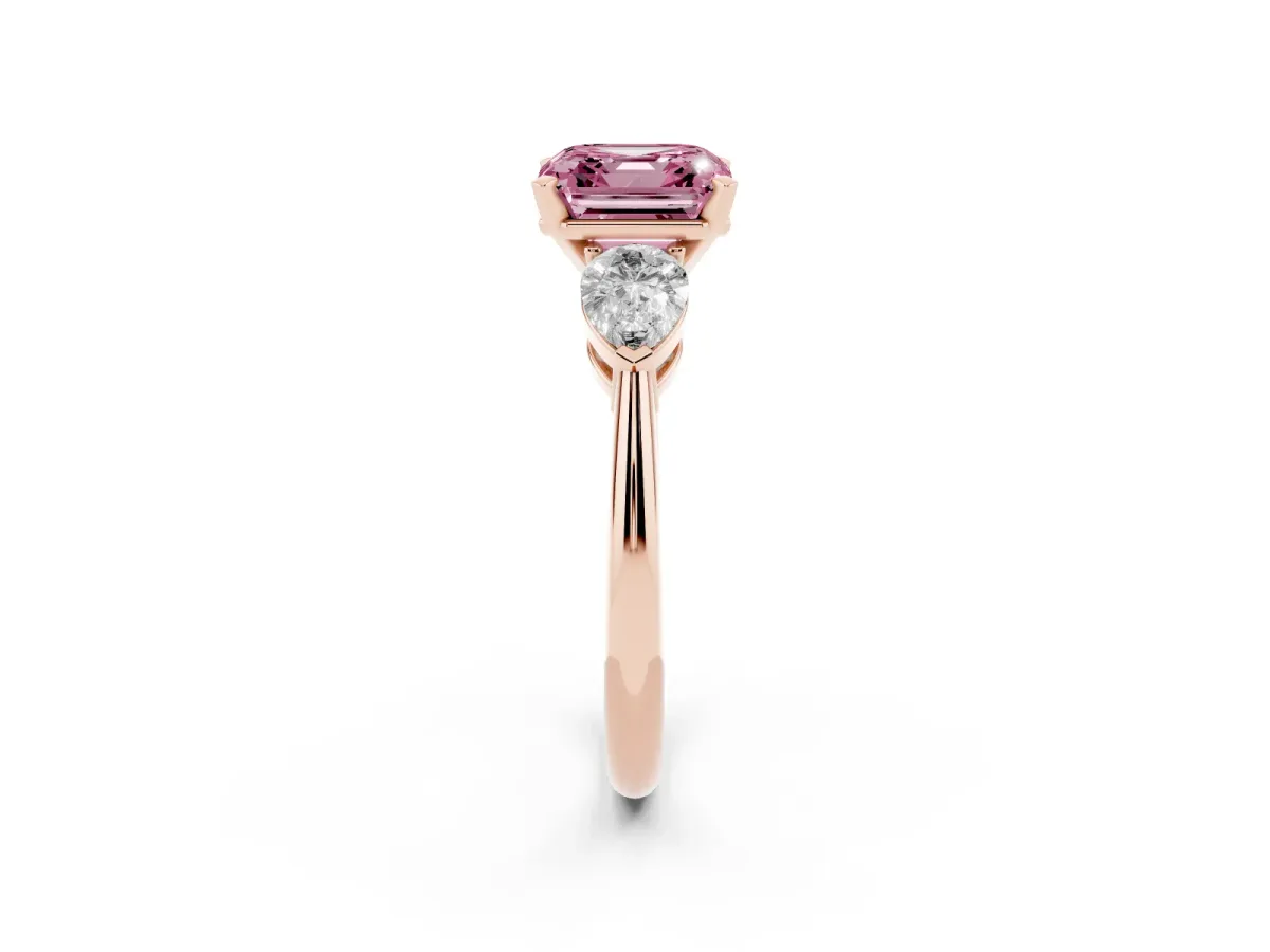 Fancy Pink Three-Stone Asscher Cut Diamond Ring with Pear Side Stones and Four-Prong Setting Rose gold