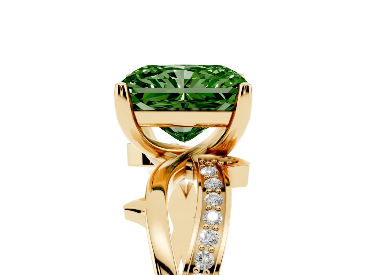 Fancy Green Radiant Cut Solitaire Twist Band with Pavé Accents and Four-Prong Setting Yellow gold