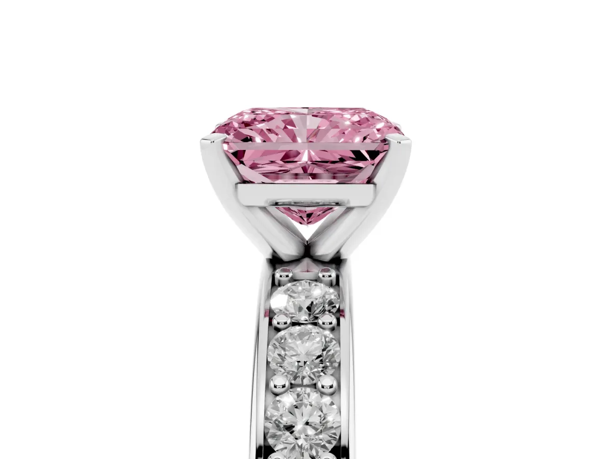 Fancy Pink Radiant Cut Diamond Engagement Ring with Channel Set Round Band and Prong Setting Platinum