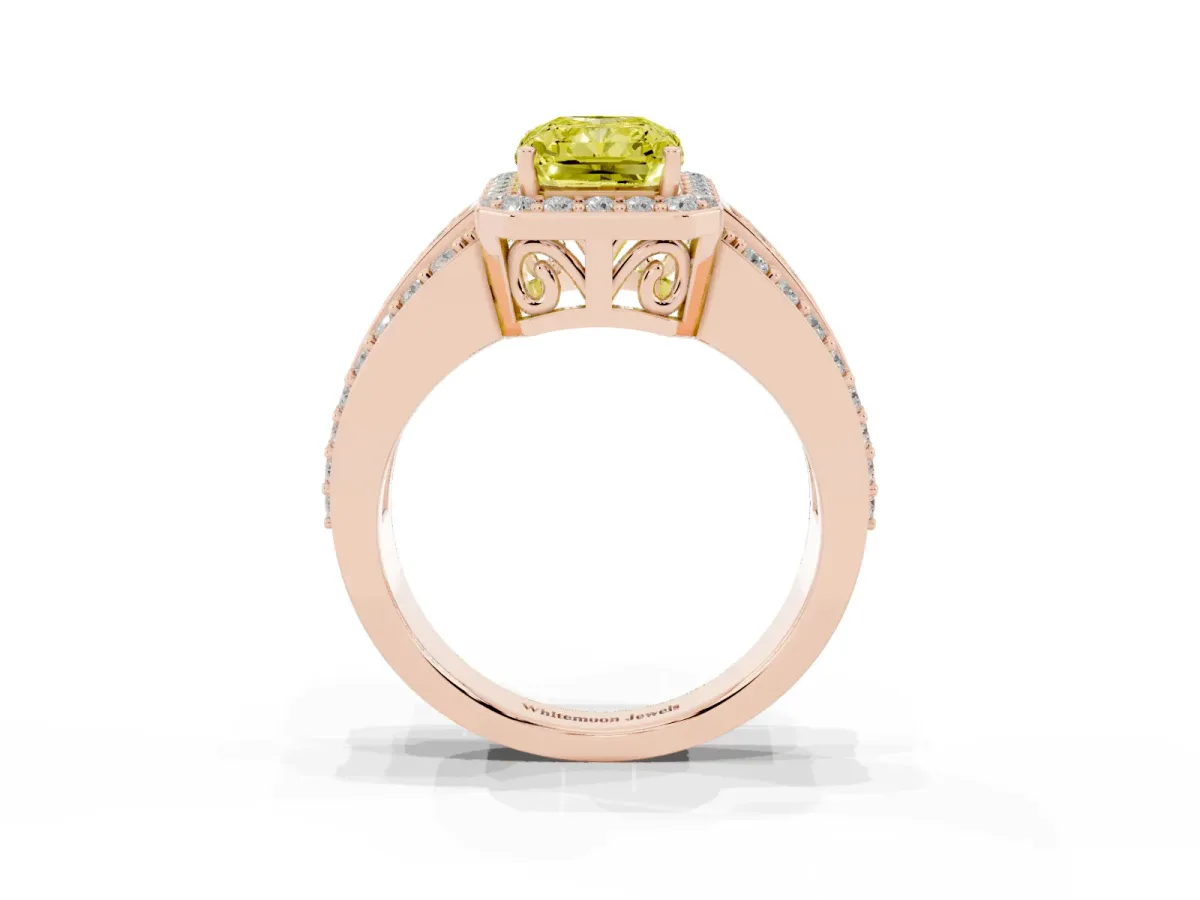Fancy Yellow Radiant Cut Halo Diamond Ring with Round Split Shank and Prong Setting Rose gold