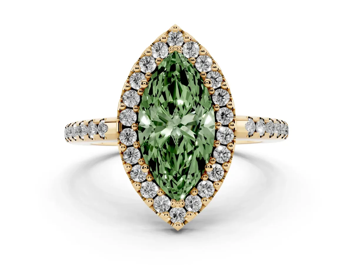 Fancy Green Marquise Cut Diamond Pavé Halo Ring with Four-Prong Setting Yellow gold