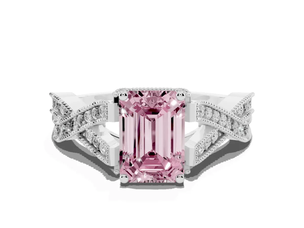 Fancy Pink Emerald Cut Cut Diamond Twisted Band with Milgrain Pave Setting and Four-Prong Setting Silver
