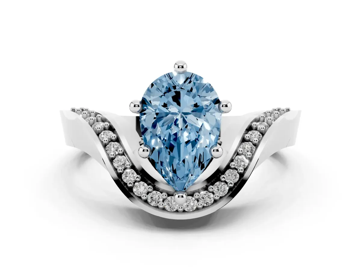 Fancy Blue Pear Cut Solitaire Diamond Engagement Ring with Pave Band and Four-Prong Setting Silver