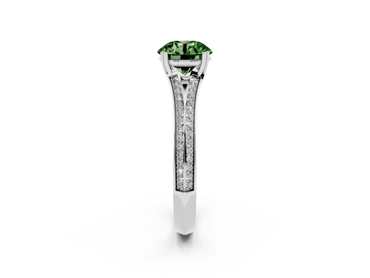 Fancy Green Round Cut Diamond Split Shank Engagement Ring with Pavé Band Platinum
