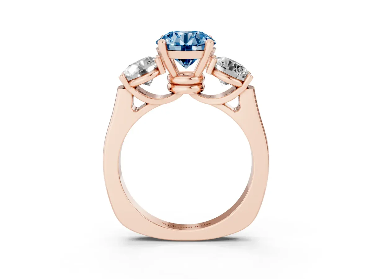 Fancy Blue Three-Stone Round Cut Brilliant Diamond Trellis Ring with Comfort Fit Band Rose gold
