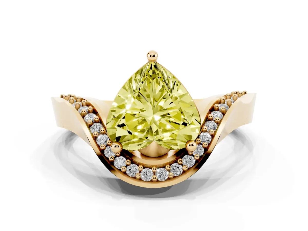 Fancy Yellow Heart Cut Solitaire Diamond Engagement Ring with Pave Band and Four-Prong Setting Yellow gold
