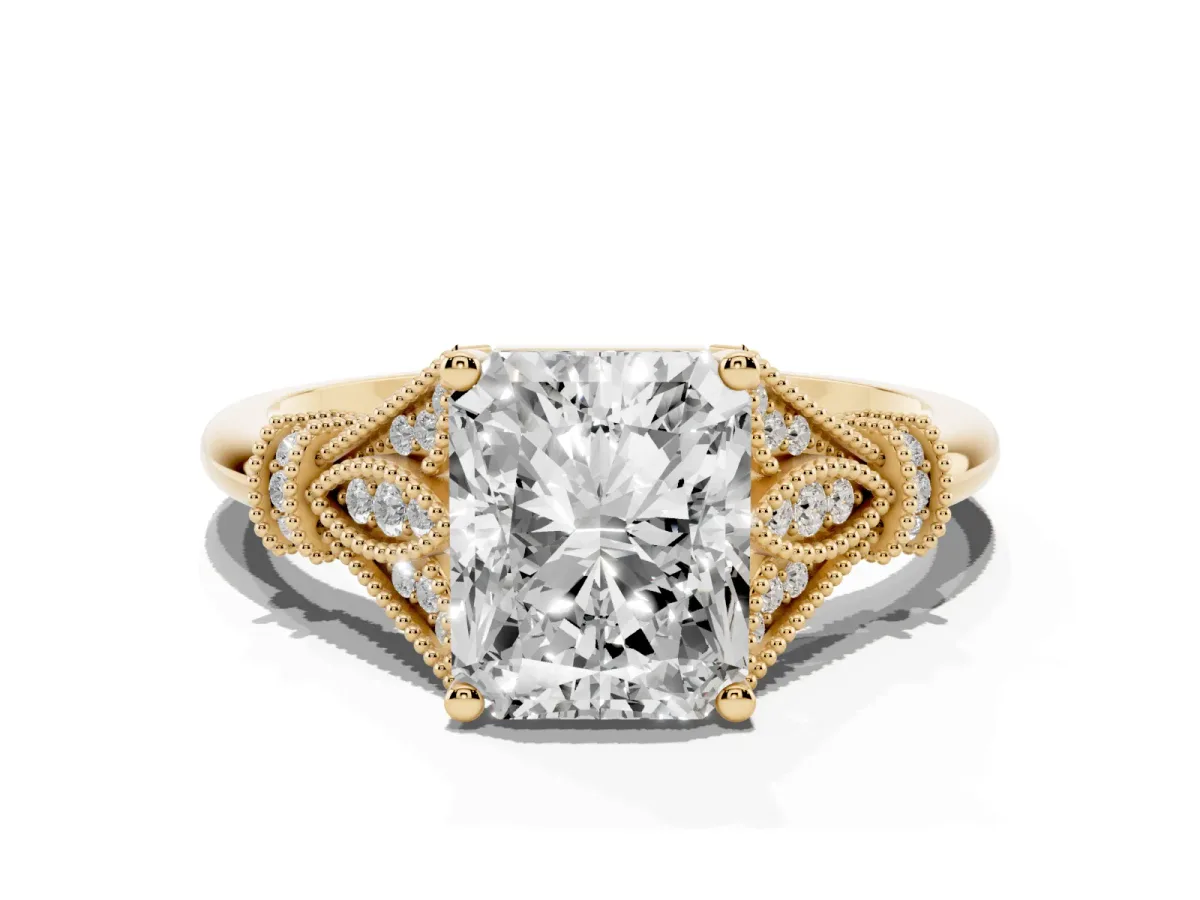 Radiant Cut Diamond Solitaire Ring with Floral Filigree and Pave Accents Yellow gold