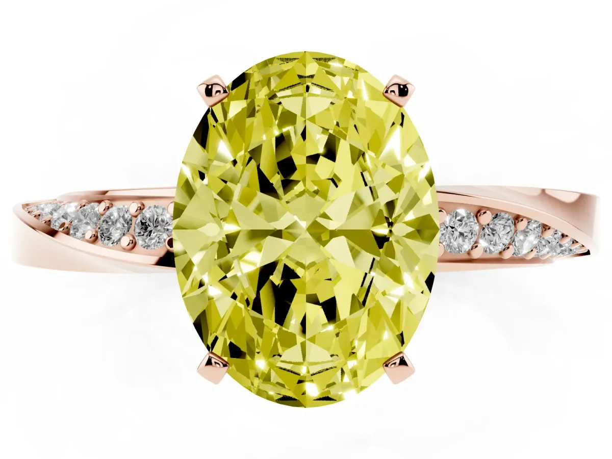 Fancy Yellow Oval Cut Diamond Engagement Ring with Side Stone Accents and Four-Prong Setting Rose gold