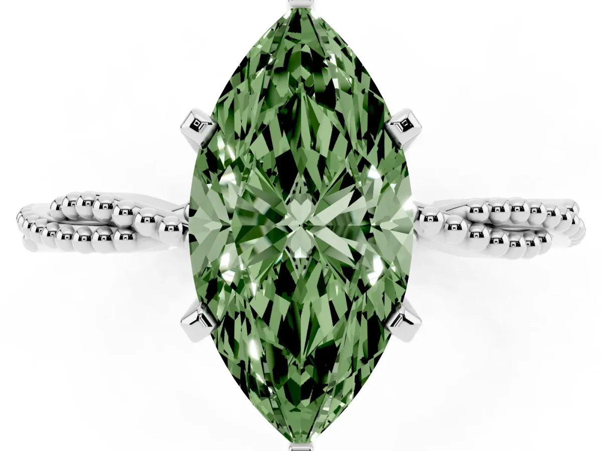 Fancy Green Marquise Cut Solitaire Twisted Band with Bead Prong Setting Platinum