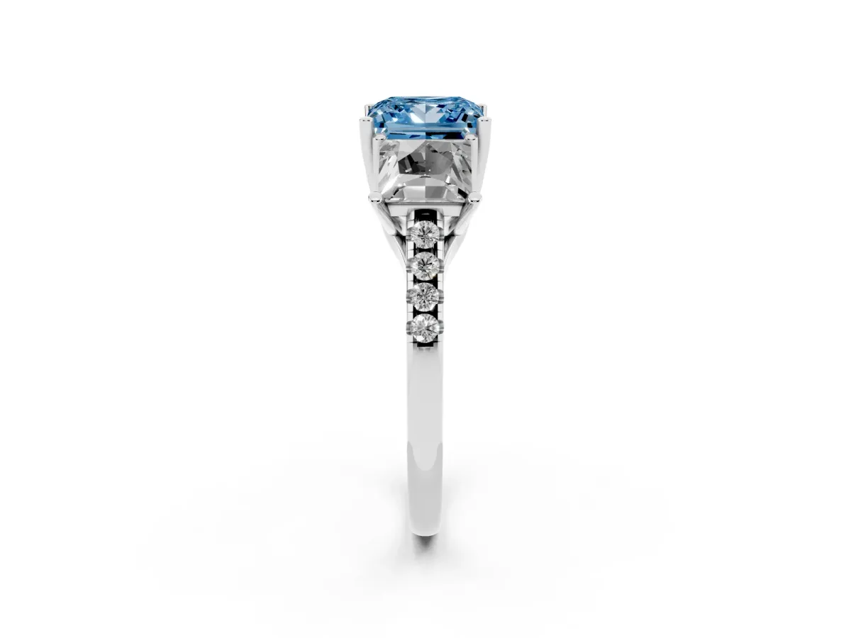 Fancy Blue Three-Stone Princess Cut Diamond Ring with Round Pavé Band and Prong Setting Silver